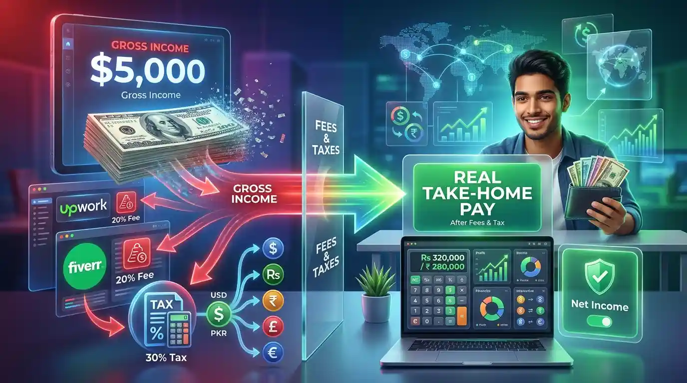 Freelancer Income & Tax Calculator showing take-home pay after Upwork fees, Fiverr fees, currency conversion, business expenses, and taxes.