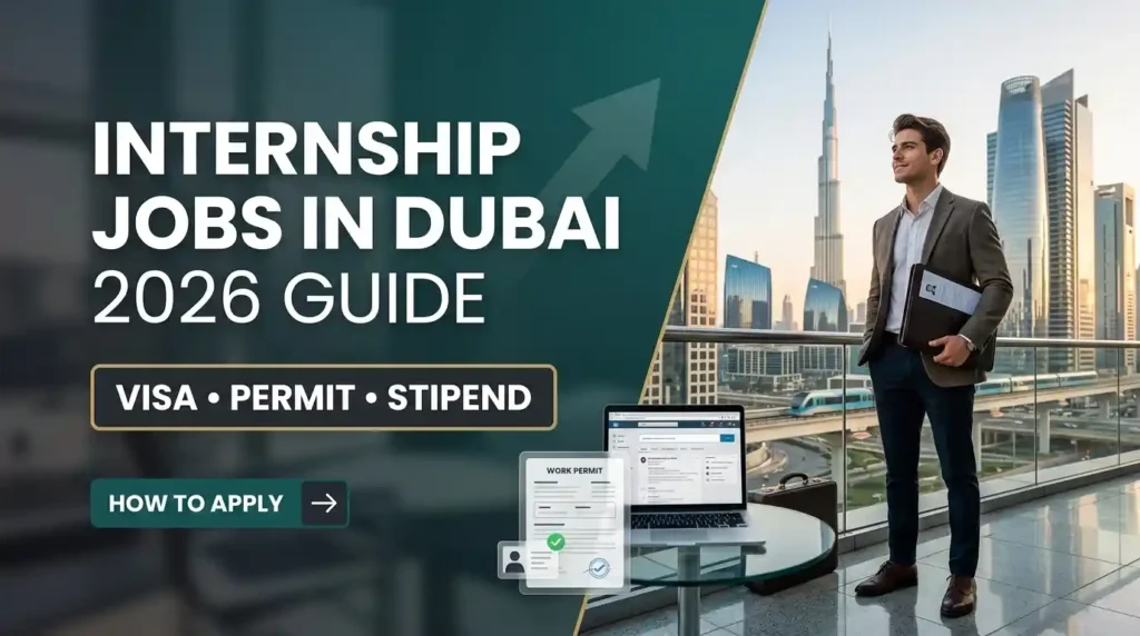 Internship jobs in Dubai 2026 guide showing Dubai skyline, visa, work permit, stipend and application process