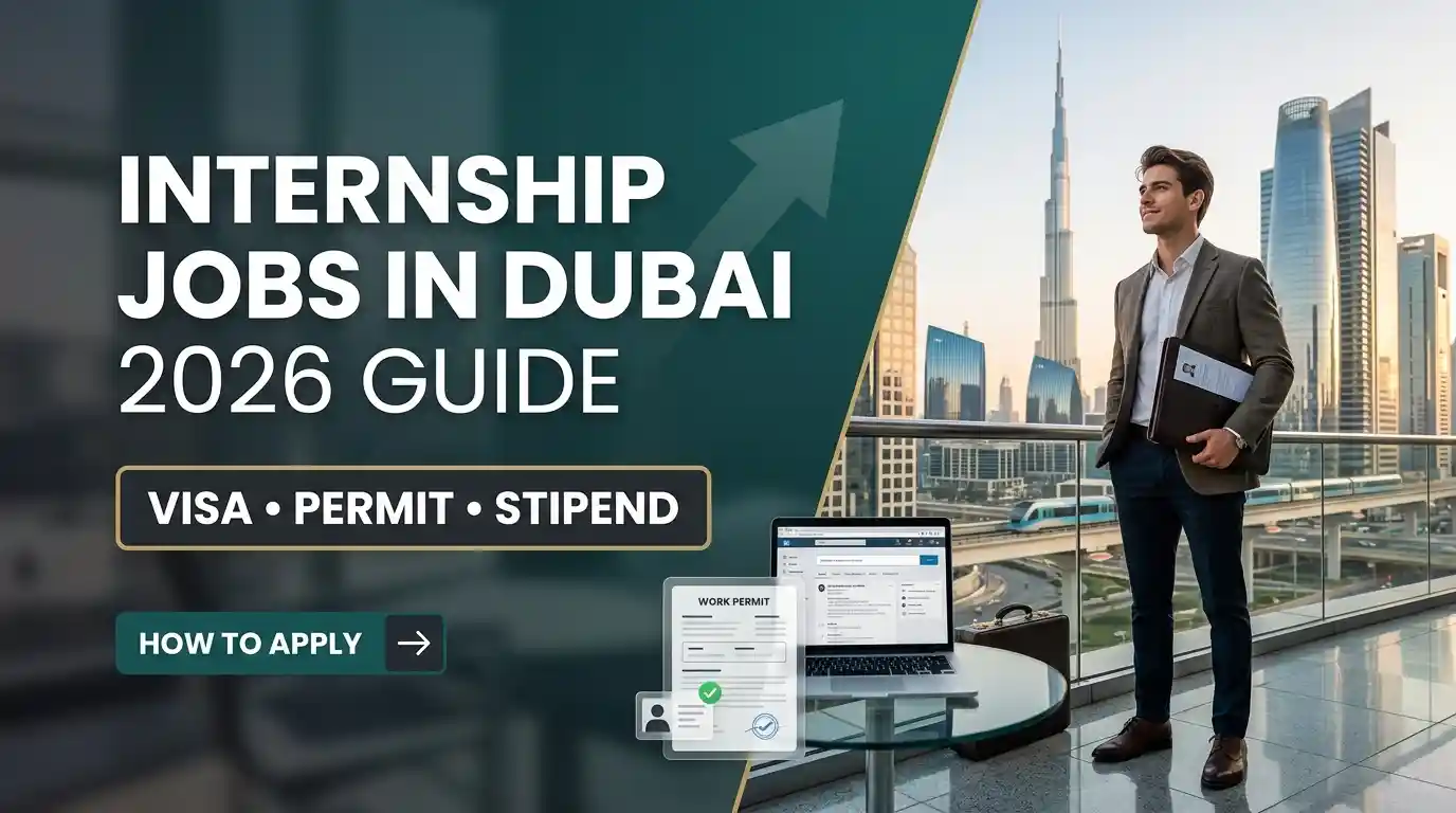 Internship jobs in Dubai 2026 guide showing Dubai skyline, visa, work permit, stipend and application process