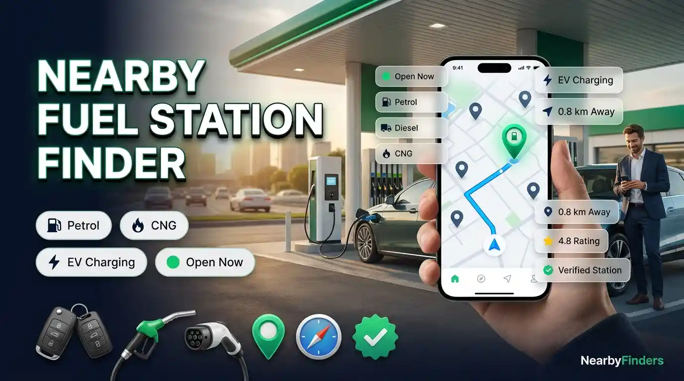 Nearby Fuel Station Finder showing nearby petrol pumps, diesel stations, CNG stations, EV charging points, live map locations, verified listings, opening hours, and GPS directions.