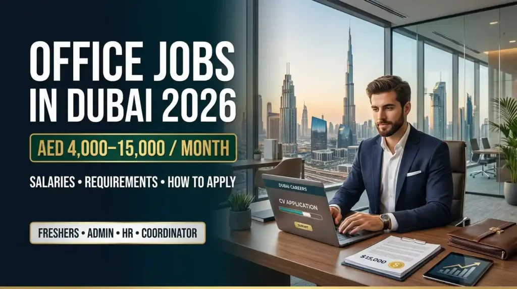 Professional applying for office jobs in Dubai 2026 with Dubai skyline and salary range