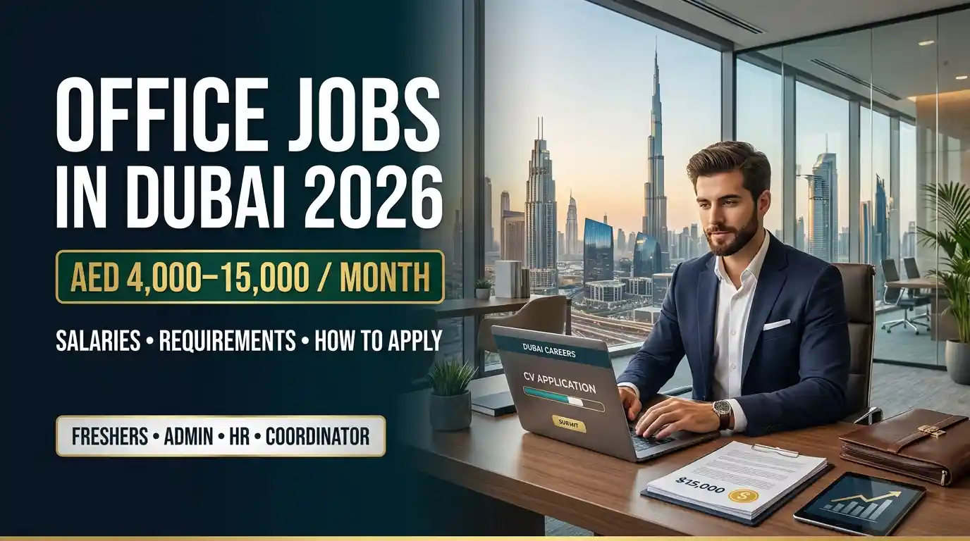 Professional applying for office jobs in Dubai 2026 with Dubai skyline and salary range