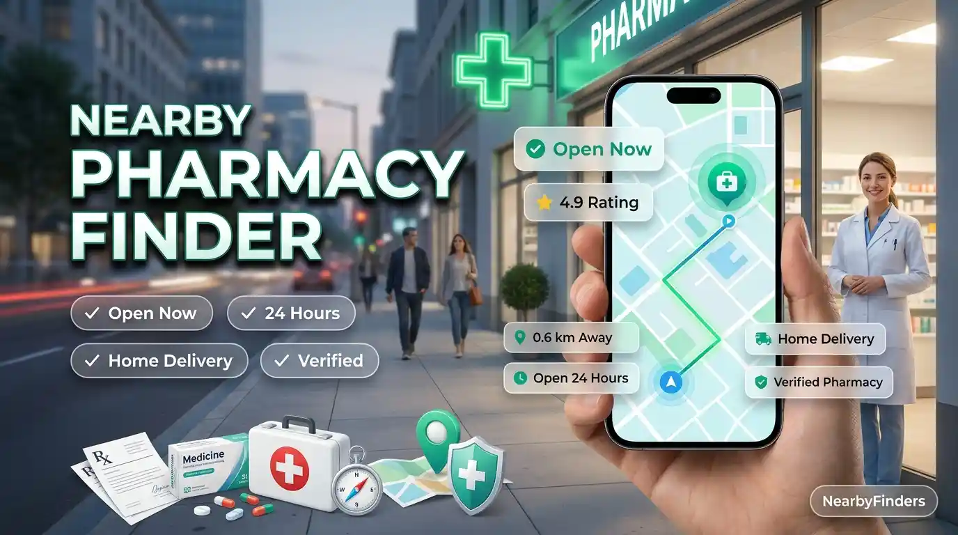Nearby Pharmacy Finder showing a mobile map with GPS navigation, 24-hour pharmacies, licensed medical stores, home delivery options, and verified listings worldwide.