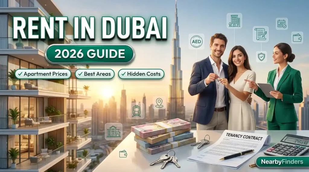 Rent in Dubai 2026 guide showing apartment rental prices, best areas, tenancy contract, Ejari process, hidden costs, and a couple receiving apartment keys in Dubai.