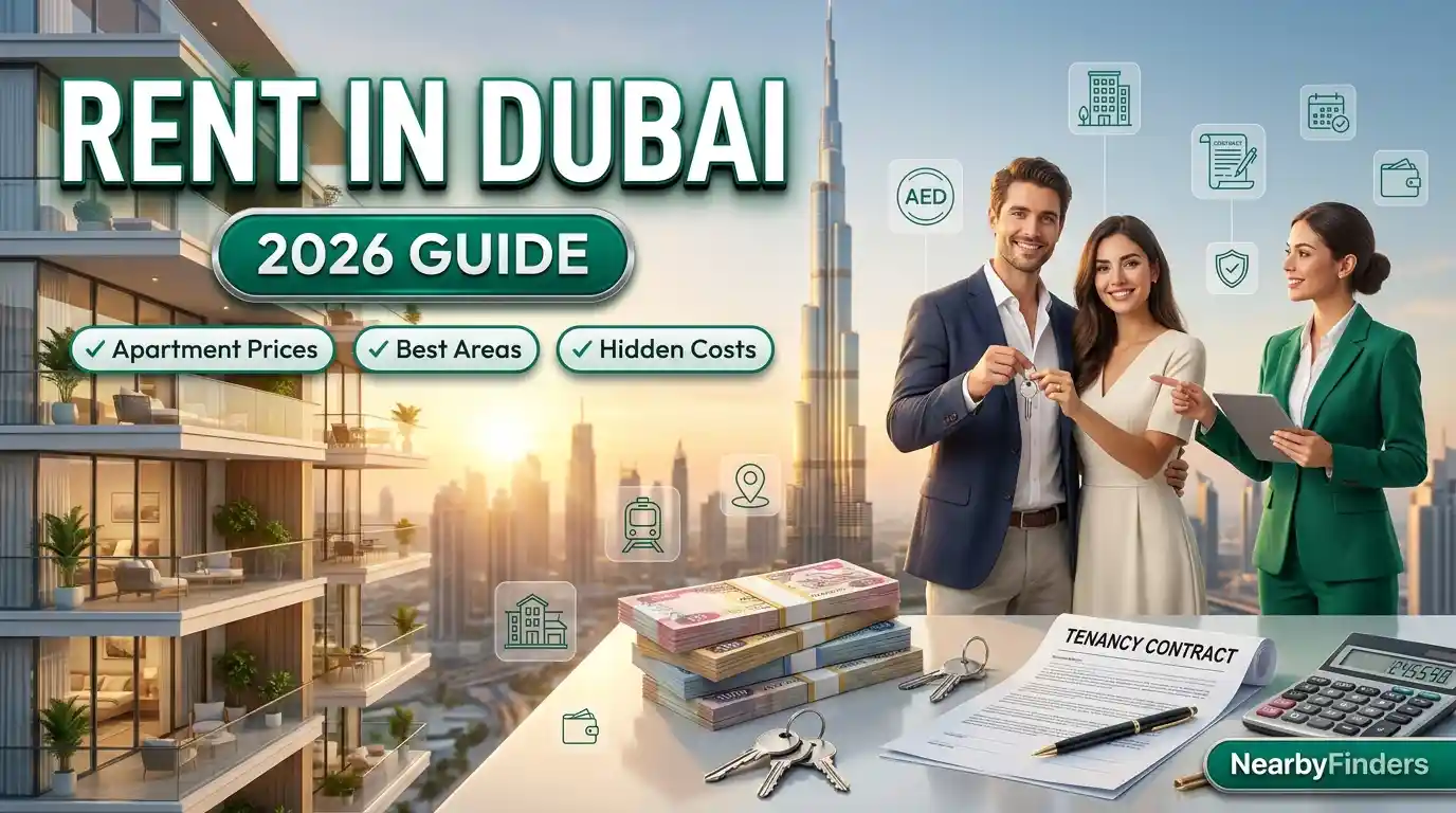 Rent in Dubai 2026 guide showing apartment rental prices, best areas, tenancy contract, Ejari process, hidden costs, and a couple receiving apartment keys in Dubai.