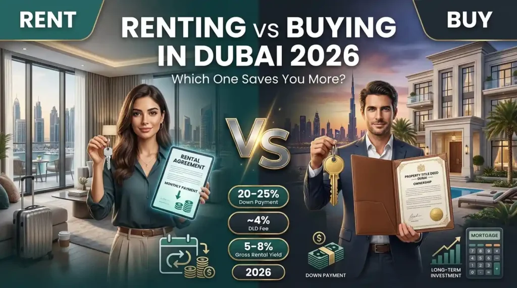 Renting vs buying in Dubai 2026 comparison showing an expat renting an apartment versus buying property with mortgage and down payment