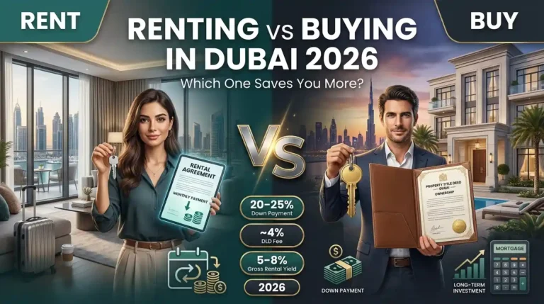 Renting vs buying in Dubai 2026 comparison showing an expat renting an apartment versus buying property with mortgage and down payment