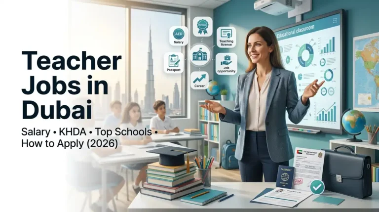 Teacher Jobs in Dubai showing an international school teacher with KHDA requirements, salary, visa documents, and Dubai skyline