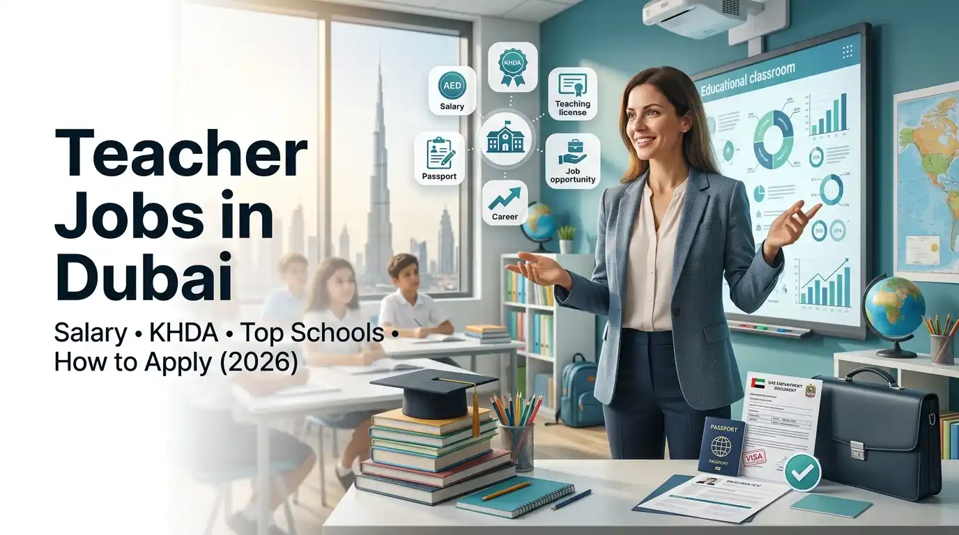 Teacher Jobs in Dubai showing an international school teacher with KHDA requirements, salary, visa documents, and Dubai skyline
