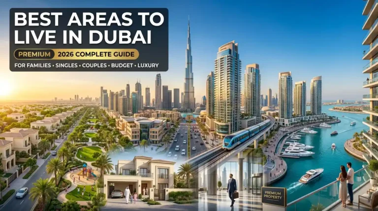 Best areas to live in Dubai in 2026 featuring family communities, modern apartments, Dubai skyline, waterfront neighborhoods and luxury residential areas
