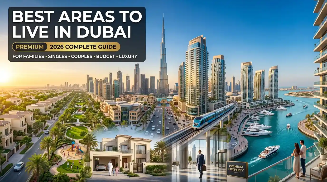 Best areas to live in Dubai in 2026 featuring family communities, modern apartments, Dubai skyline, waterfront neighborhoods and luxury residential areas