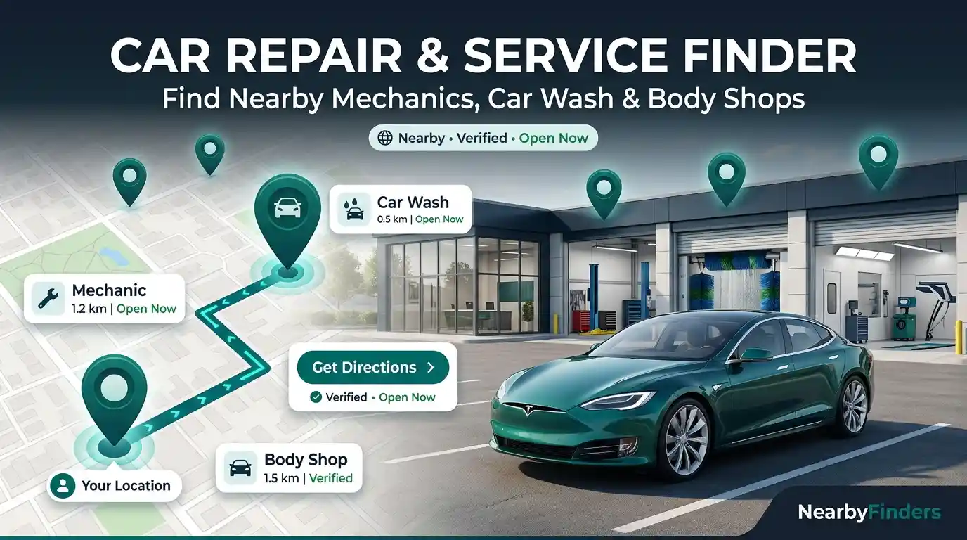 Nearby Car Repair and Service Center Finder showing nearby mechanics, car wash and detailing centers, body shops, live map locations, verified listings, opening hours, and GPS directions.