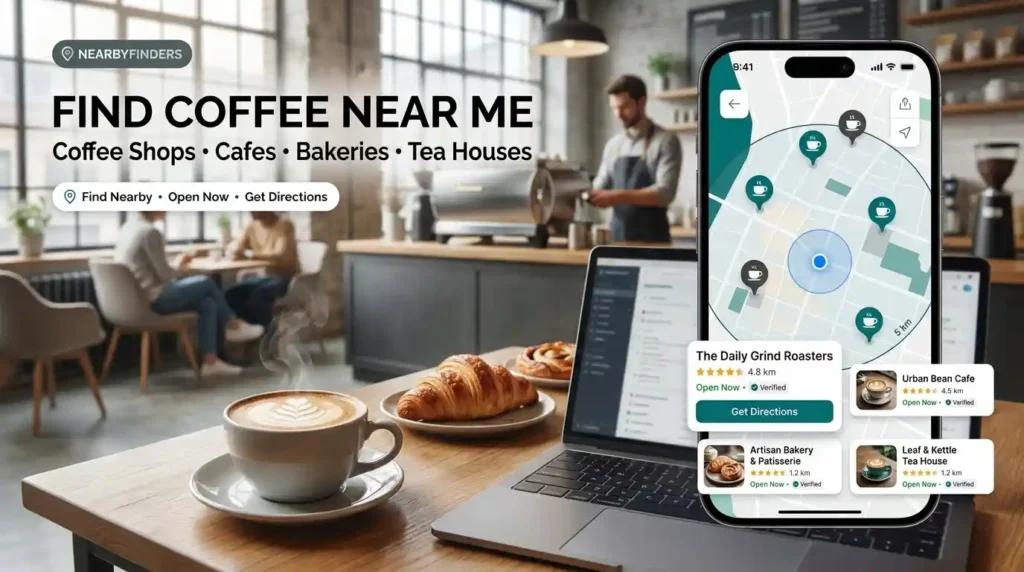 Coffee Shop & Cafe Finder by NearbyFinders showing a latte and bakery pastry beside a digital map with nearby coffee shops, cafes, tea houses, bakeries, location pins, distances, ratings, open-now status, verified listings, and directions.