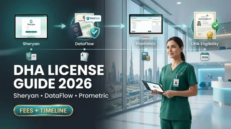 DHA license guide for healthcare professionals in Dubai showing Sheryan, DataFlow and Prometric steps