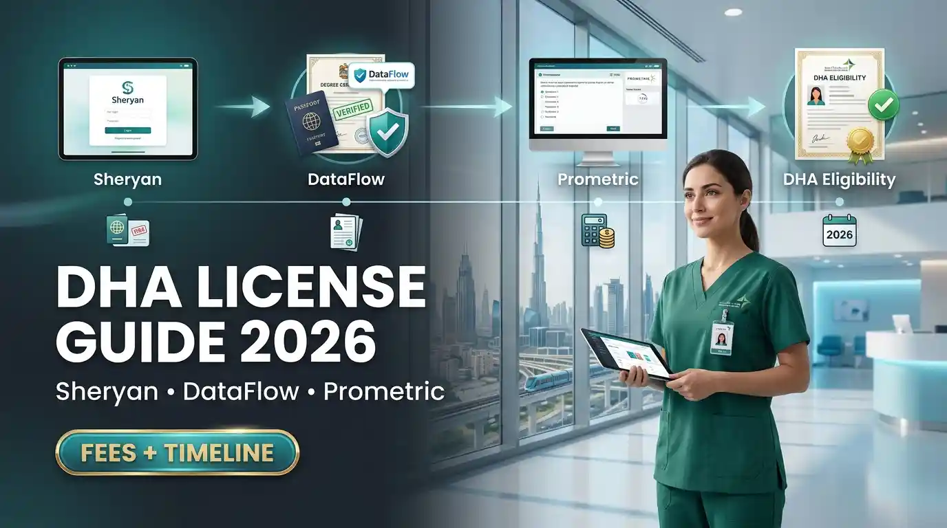 DHA license guide for healthcare professionals in Dubai showing Sheryan, DataFlow and Prometric steps
