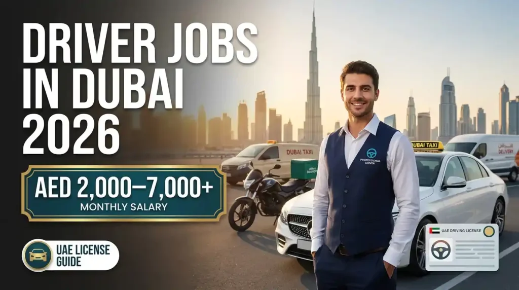 Driver jobs in Dubai 2026 with AED 2,000–7,000+ monthly salary, UAE driving license requirements, and Dubai driver career opportunities