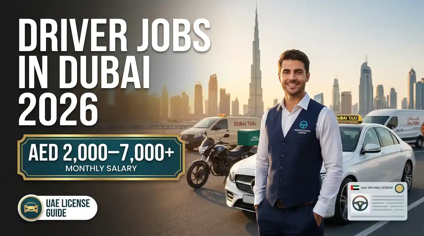 Driver jobs in Dubai 2026 with AED 2,000–7,000+ monthly salary, UAE driving license requirements, and Dubai driver career opportunities