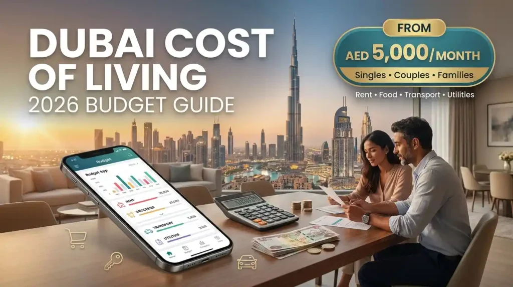 Dubai cost of living 2026 budget guide showing a couple planning expenses with a calculator, budget app, AED cash and Dubai skyline