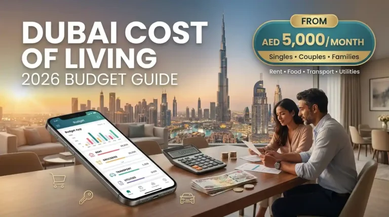Dubai cost of living 2026 budget guide showing a couple planning expenses with a calculator, budget app, AED cash and Dubai skyline