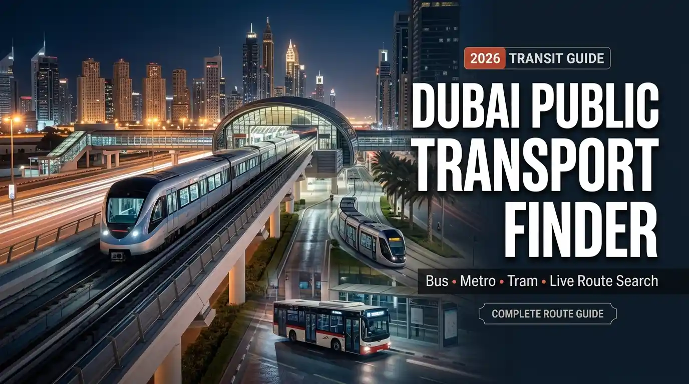 An illuminated Dubai Metro train, a Dubai Tram, and an RTA bus traveling through the city skyline at dusk, representing the complete 2026 public transport network.