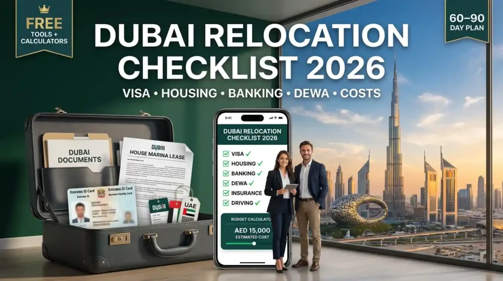 Dubai relocation checklist 2026 showing visa, housing, banking, DEWA, moving costs and free relocation tools for moving to Dubai