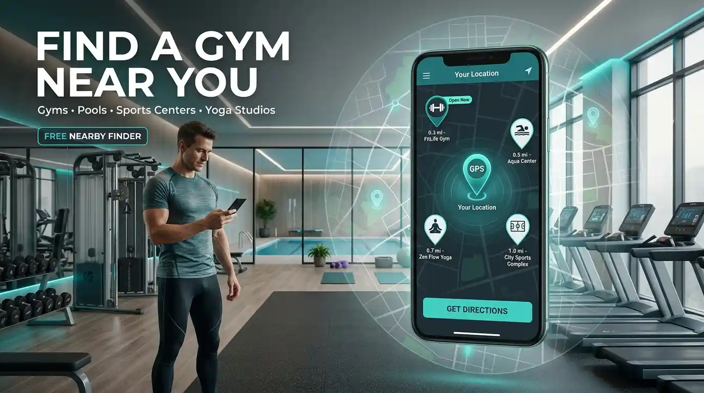 Nearby Gym Finder showing a mobile map with GPS navigation, gyms, sports centers, swimming pools, yoga studios, and verified listings worldwide.