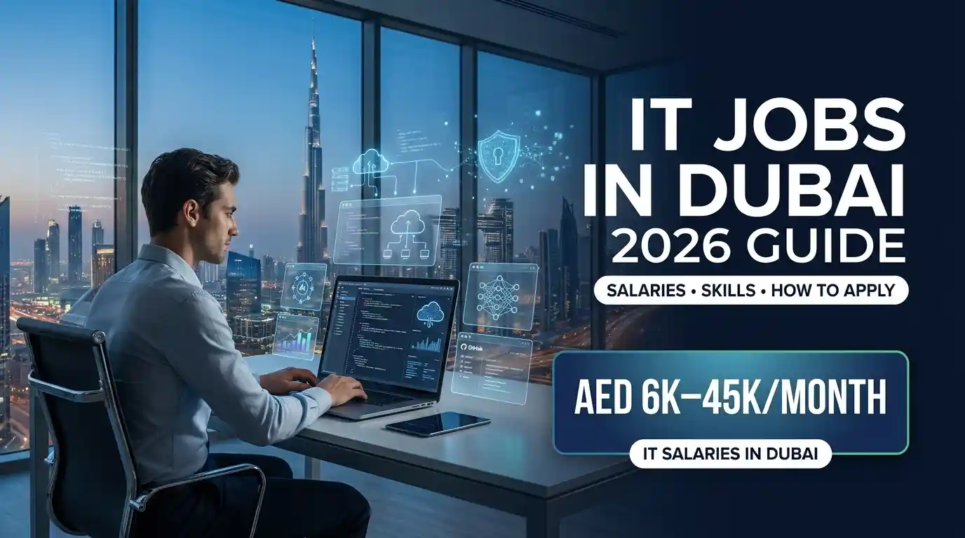 IT jobs in Dubai 2026 with a professional working on a laptop overlooking the Dubai skyline and Burj Khalifa, highlighting IT salaries of AED 6K–45K per month, skills and how to apply.