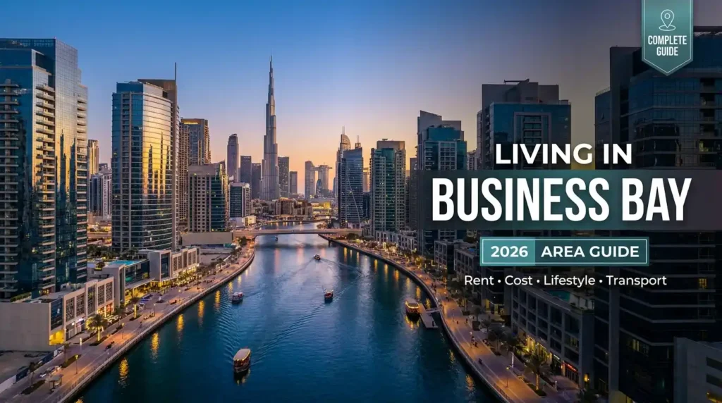 Aerial view of the Dubai Canal in Business Bay at sunset, showcasing luxury waterfront apartments, boats, and the Burj Khalifa skyline for the 2026 Area Guide.