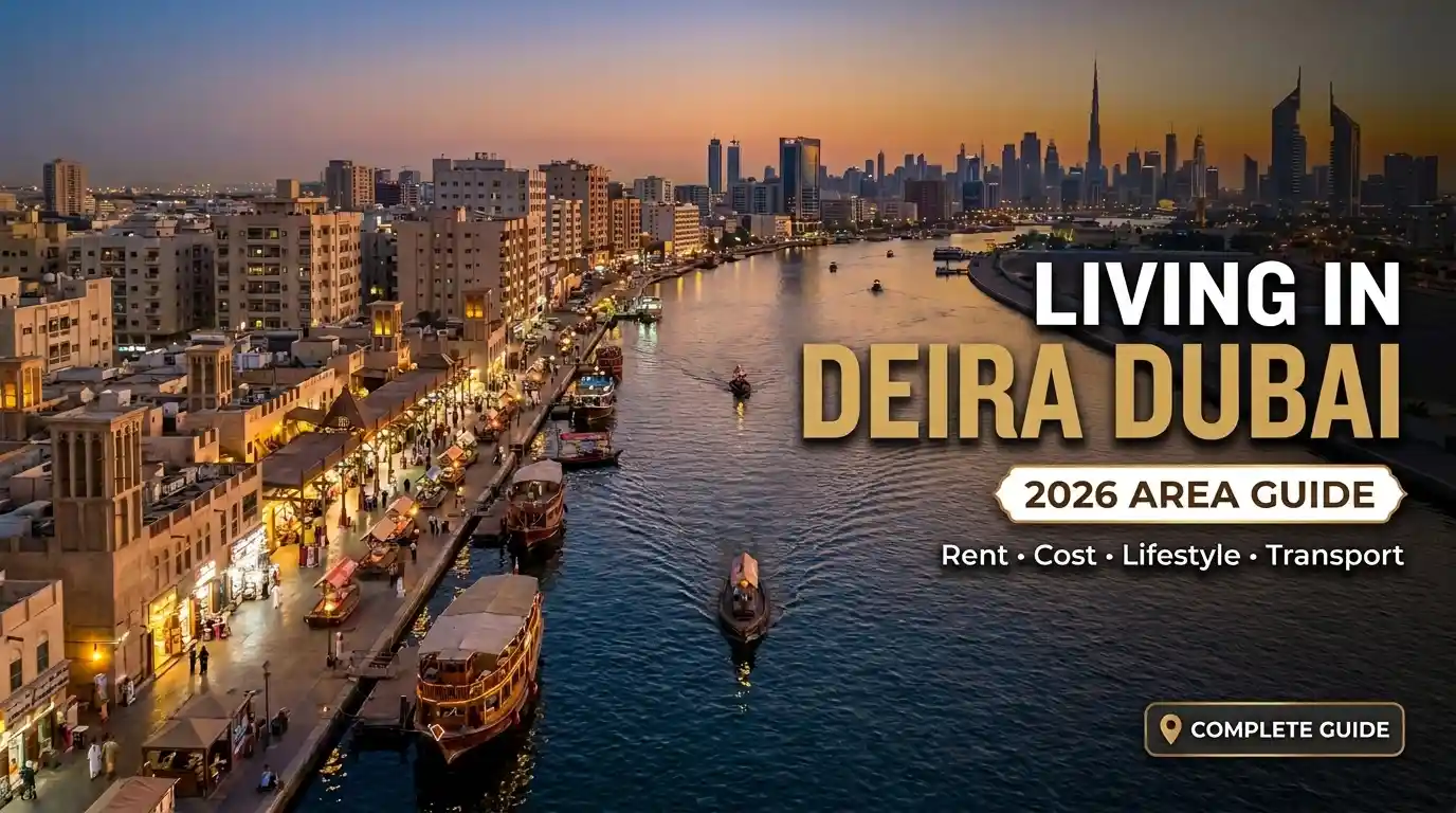 Modern residential buildings and apartment towers in Deira, Dubai, showing the contemporary urban neighbourhood, streets and waterfront development featured in the 2026 area guide.