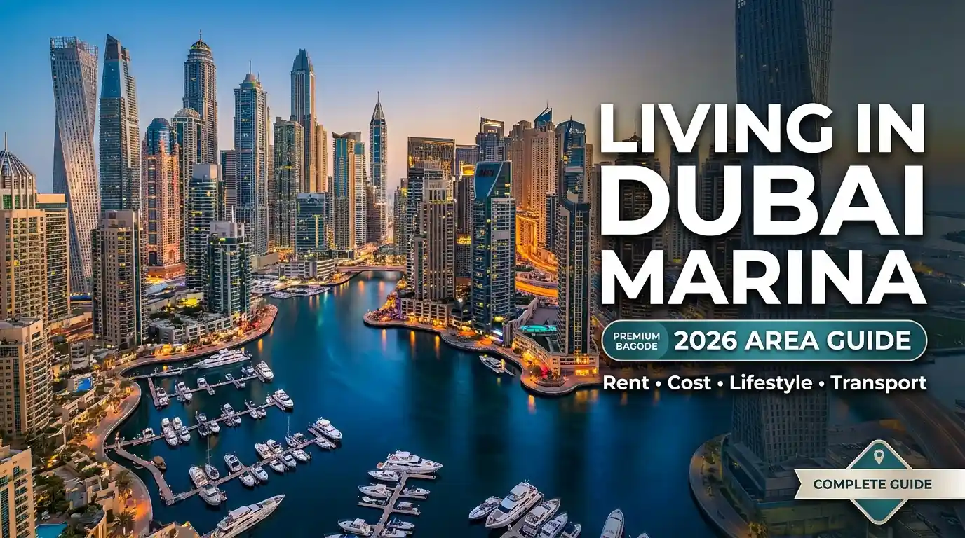 Living in Dubai Marina in 2026 featuring the Dubai Marina waterfront skyline, luxury towers, yachts, rent, cost of living and lifestyle guide.