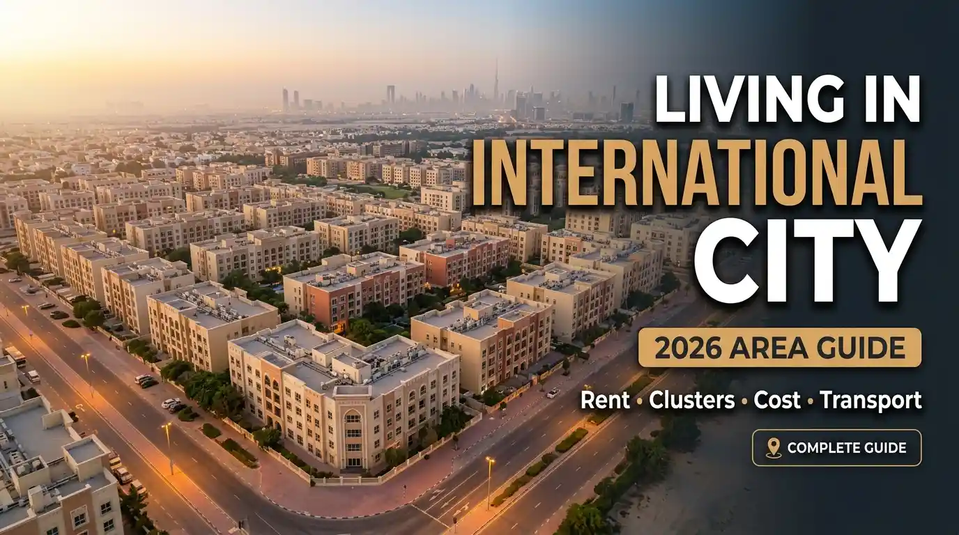 Aerial view of the country-themed residential clusters in International City Dubai at sunset, featured in the 2026 complete area guide.