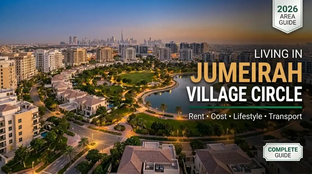 Aerial view of Jumeirah Village Circle (JVC) at twilight, showcasing the community's unique mix of family villas, central parks, and apartment towers for the 2026 Area Guide.