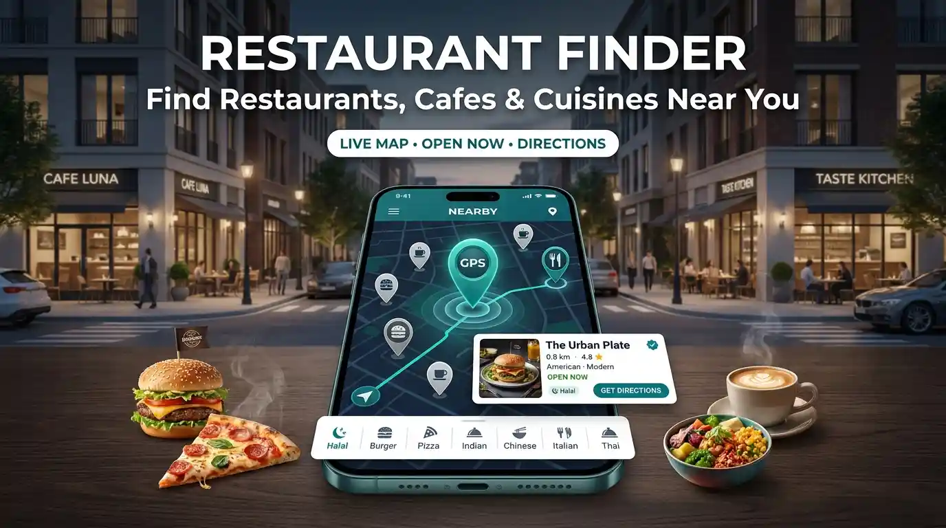 Nearby Restaurant Finder showing nearby restaurants, cafes, and cuisine options with live map locations, verified listings, opening hours, and GPS directions.